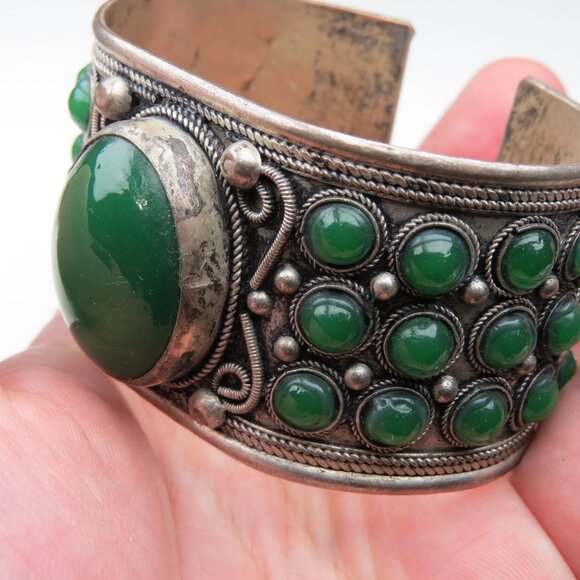 TIBET Silver Green Onyx Bangle br. Vintage - Picture 2 of 4